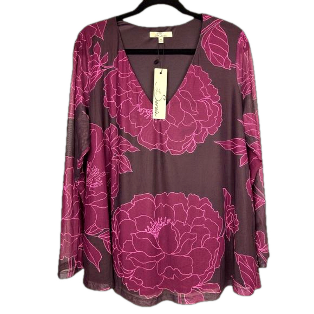LES SEREIN women’s size 1X black fuchsia floral layered long sleeve top NWT